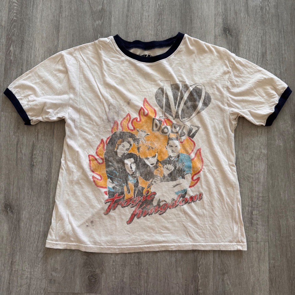 No Doubt Tragic Kingdom Graphic Ringer T-Shirt Cream Navy Blue S/M Band Tee